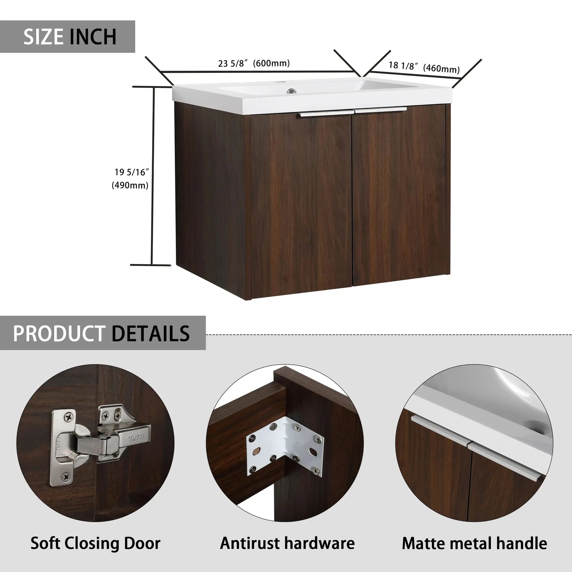 Floating Bathroom Cabinet with Sink &amp; Soft-Close Doors - Ideal for Small Bathrooms color: California Walnut | size: 24 inch | combination: Separate Wash Basin