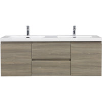 Front view of 59 inch double sink vanity with ash grey floating cabinet and integrated solid surface sinks | Ace Decor