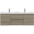 Front view of 59 inch double sink vanity with ash grey floating cabinet and integrated solid surface sinks | Ace Decor