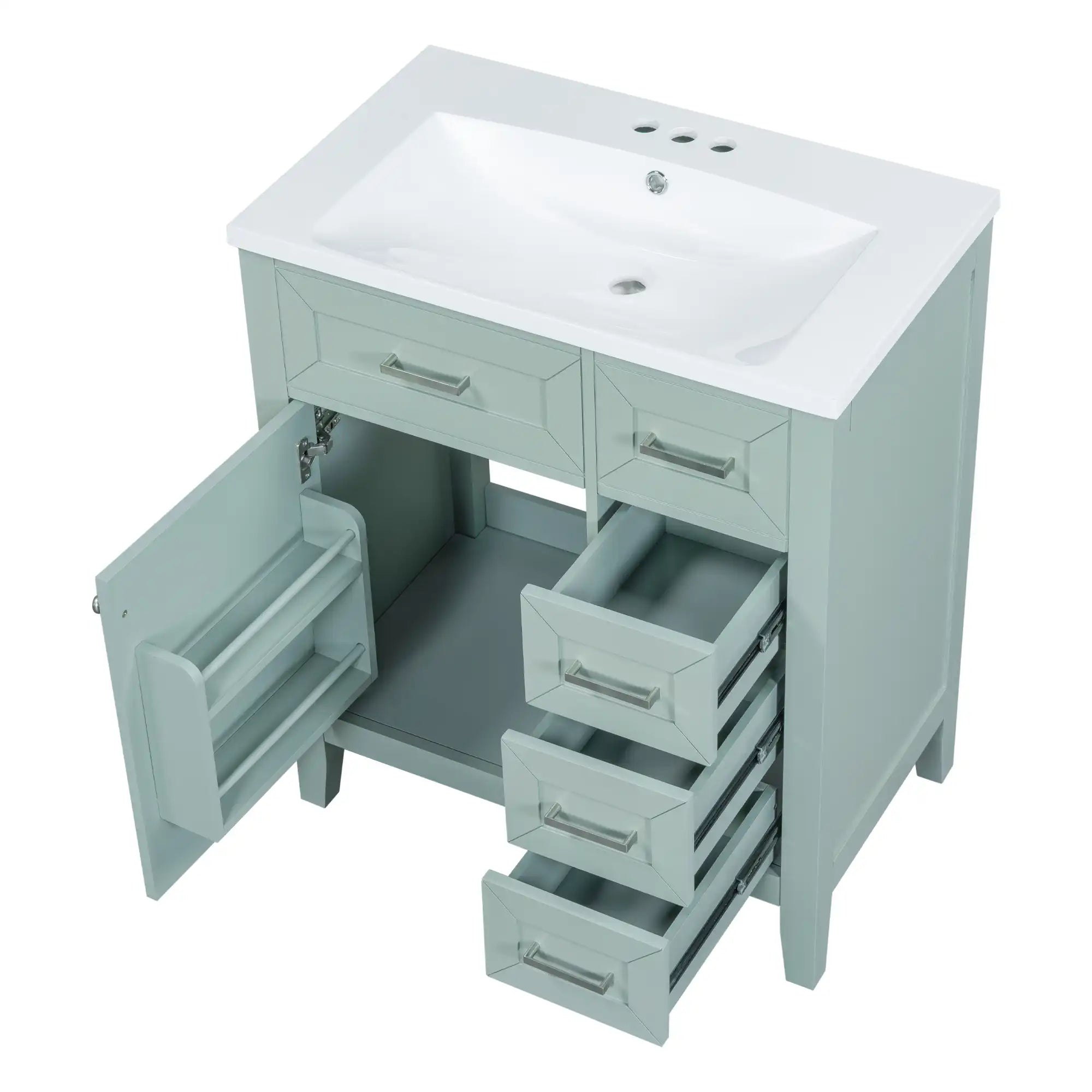 30 inch saga green bathroom vanity with open cabinet and drawers top view.