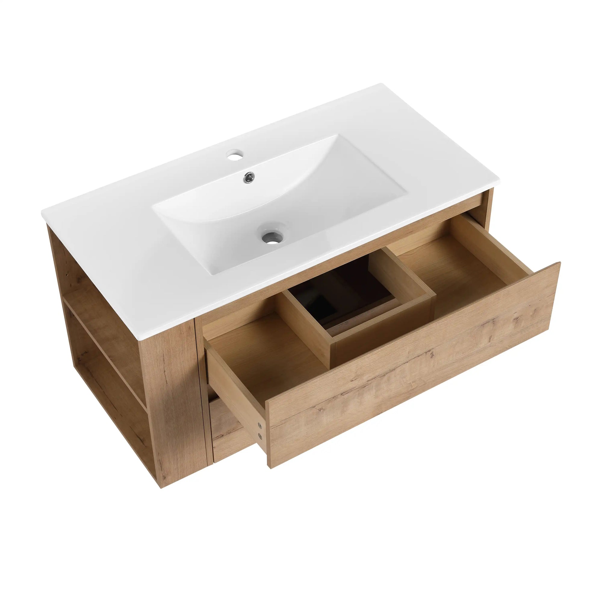 36" wall mounted bathroom vanity with open drawer and built-in storage organizers | Ace Decor