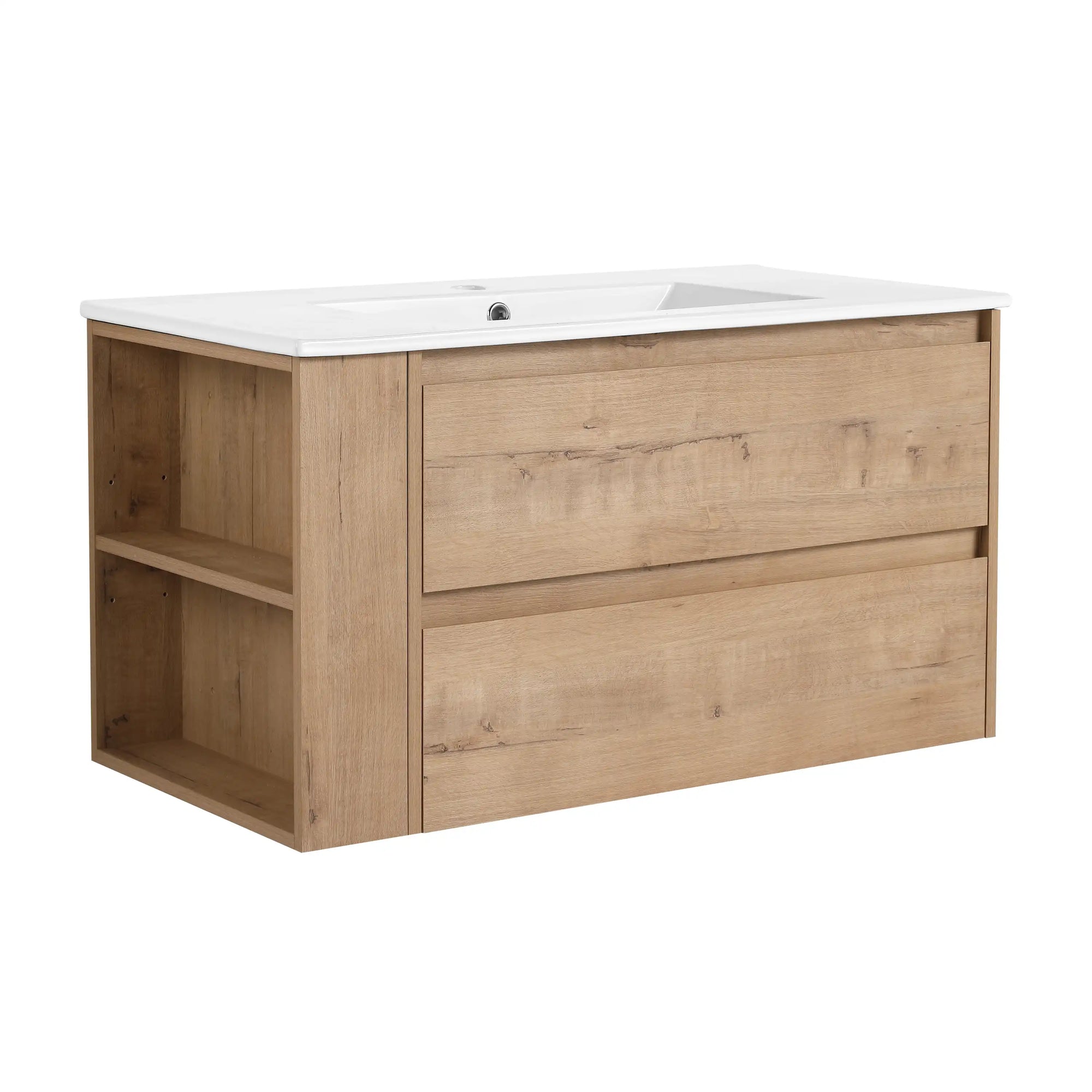 36" oak wall mounted bathroom vanity with ceramic sink and side open storage shelves | Ace Decor