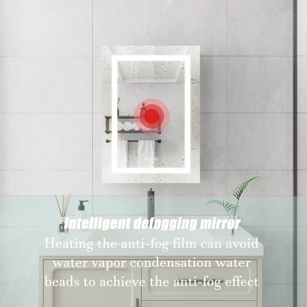 Orren LED medicine cabinet mirror with active anti-fog heating function keeping the mirror clear after a hot shower.