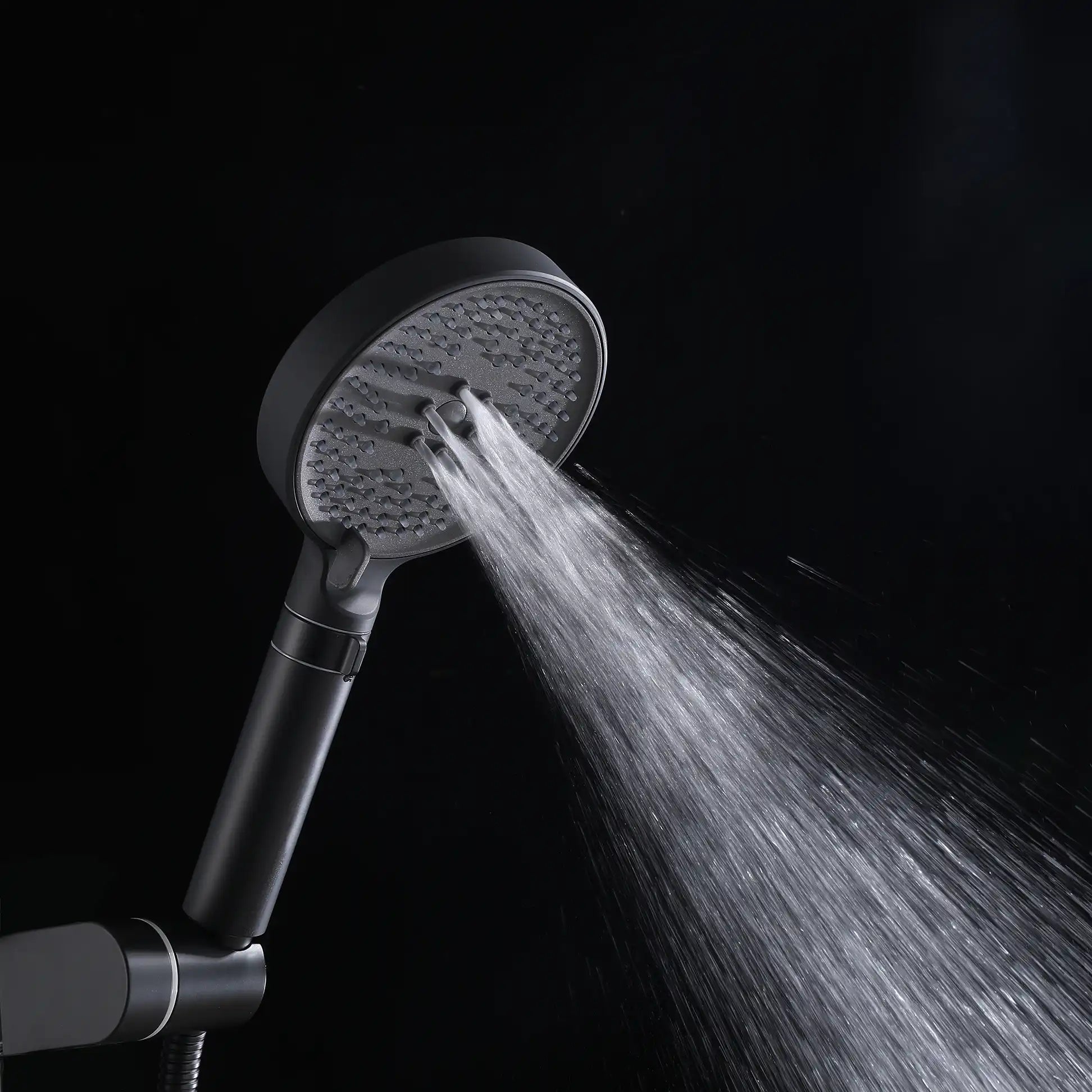 Auralen Series matte black handheld shower head with a powerful, targeted spray.