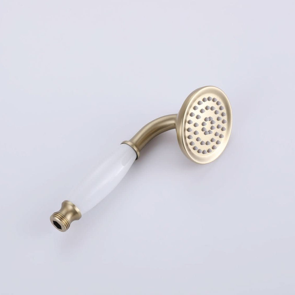 Brushed Gold Handheld Shower Head with White Handle — Classic Design with Even Water Spray.