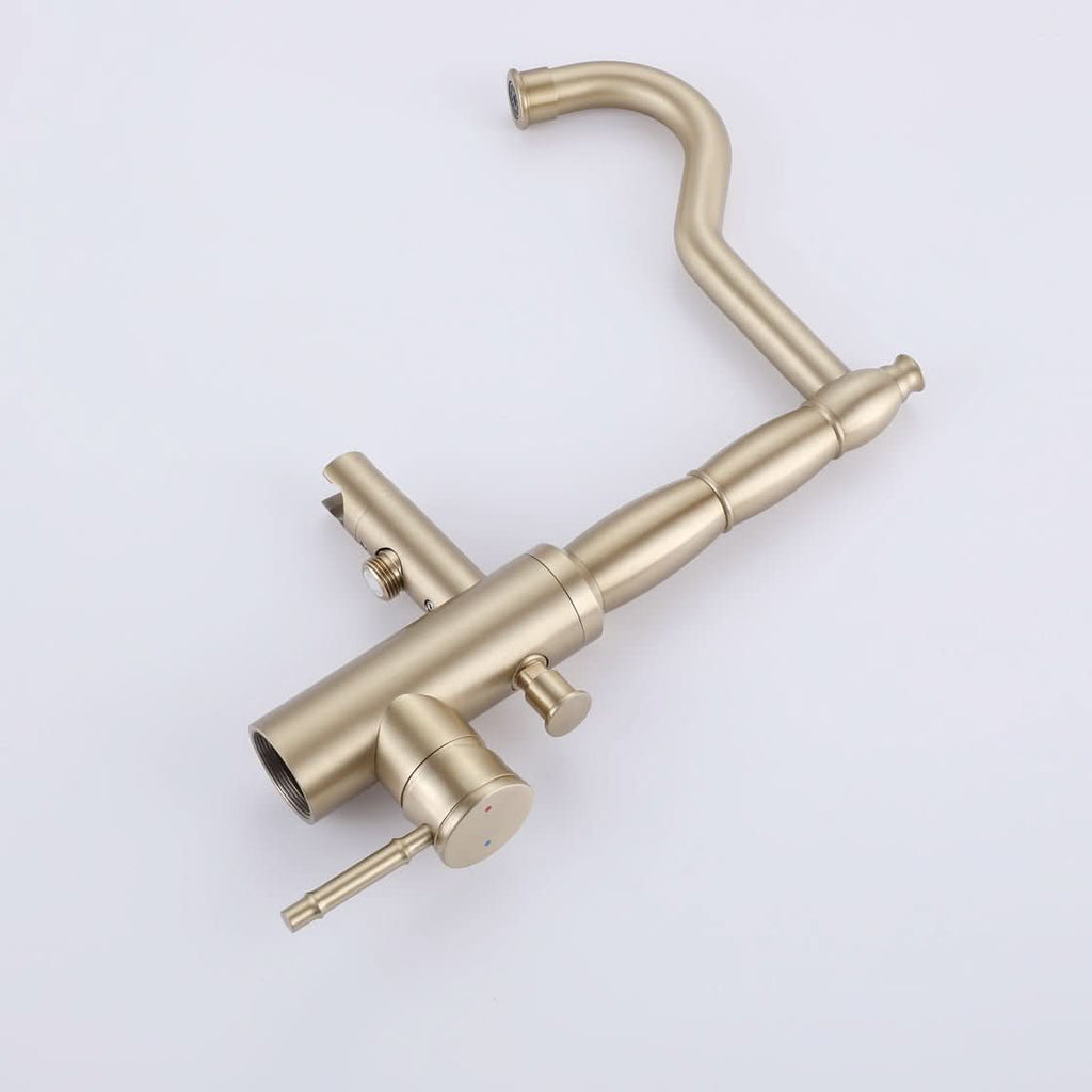 Close-up of Brushed Gold Freestanding Tub Faucet with Handheld Shower – Durable Brass Body, Smooth Lever Handle and Modern Bathtub Filler Design.