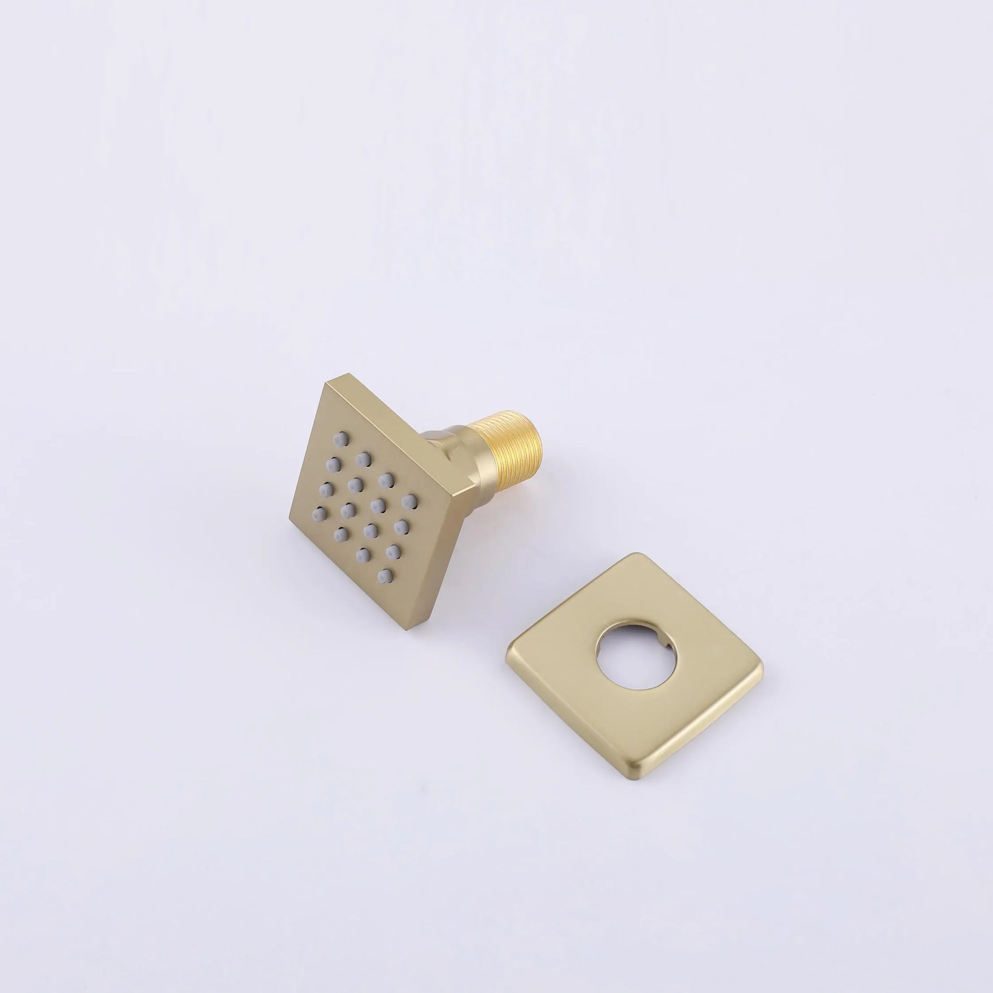 Adjustable brushed gold body jets for targeted shower coverage.
