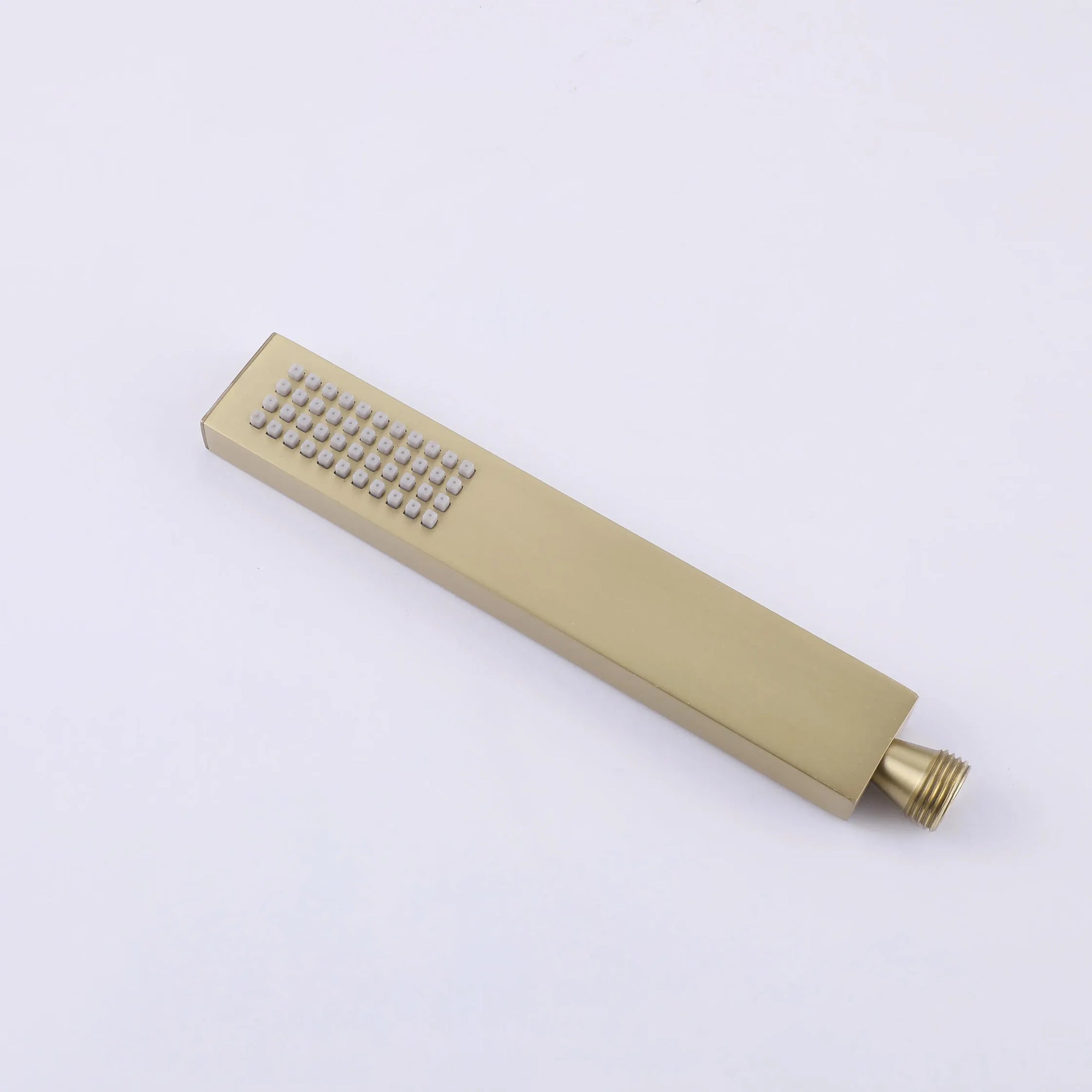 Brushed gold handheld shower wand with easy-clean nozzles for Luxe Series thermostatic shower system.