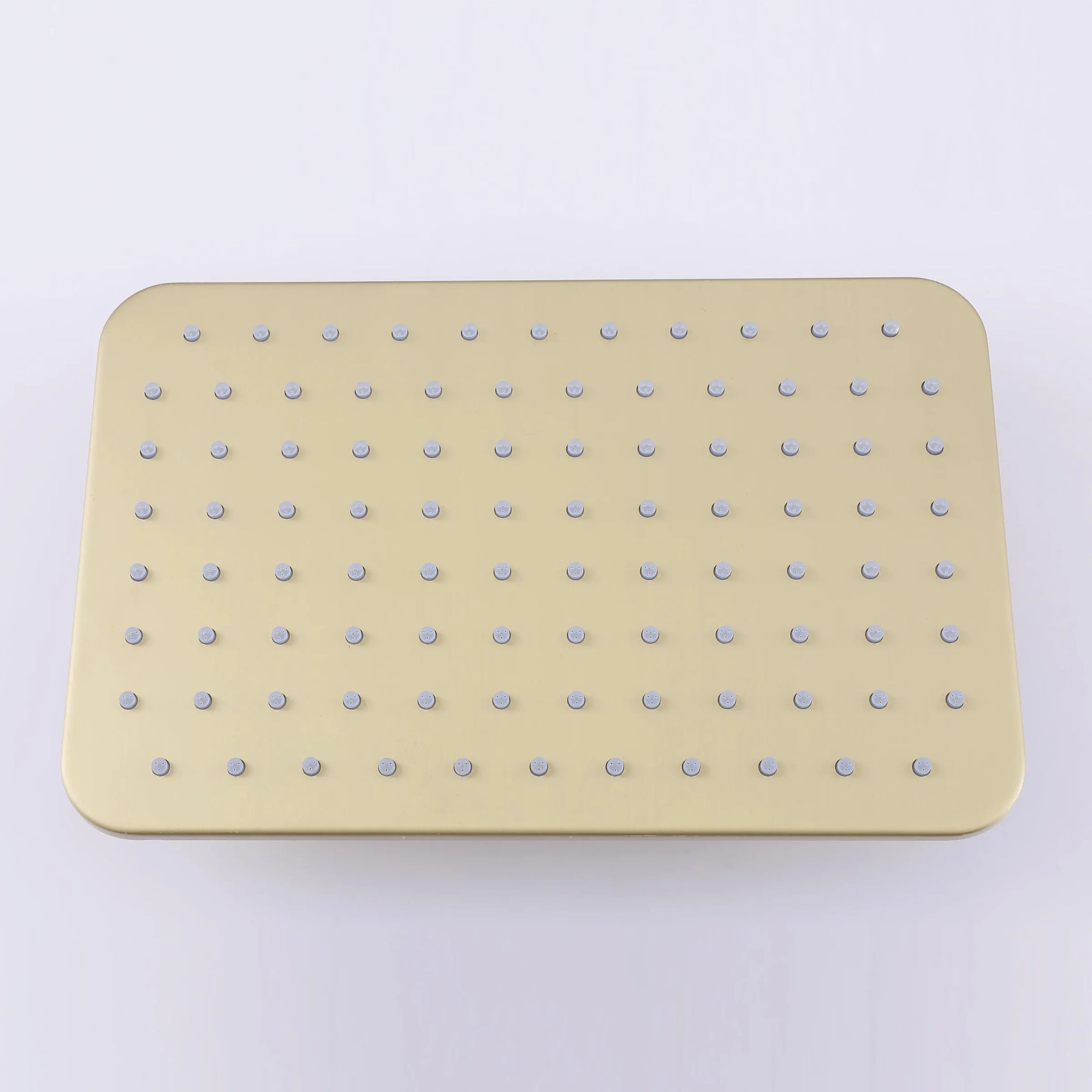 Rectangle brushed gold rainfall shower head for Luxe Series shower system.
