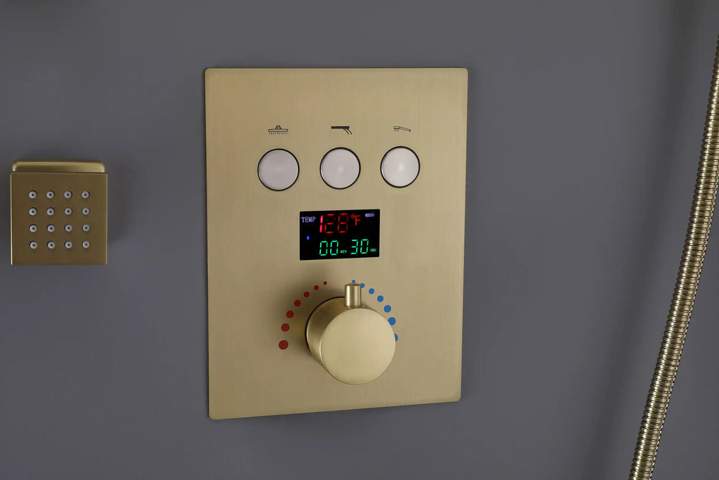 Thermostatic shower digital control panel with temperature display and mode selector buttons