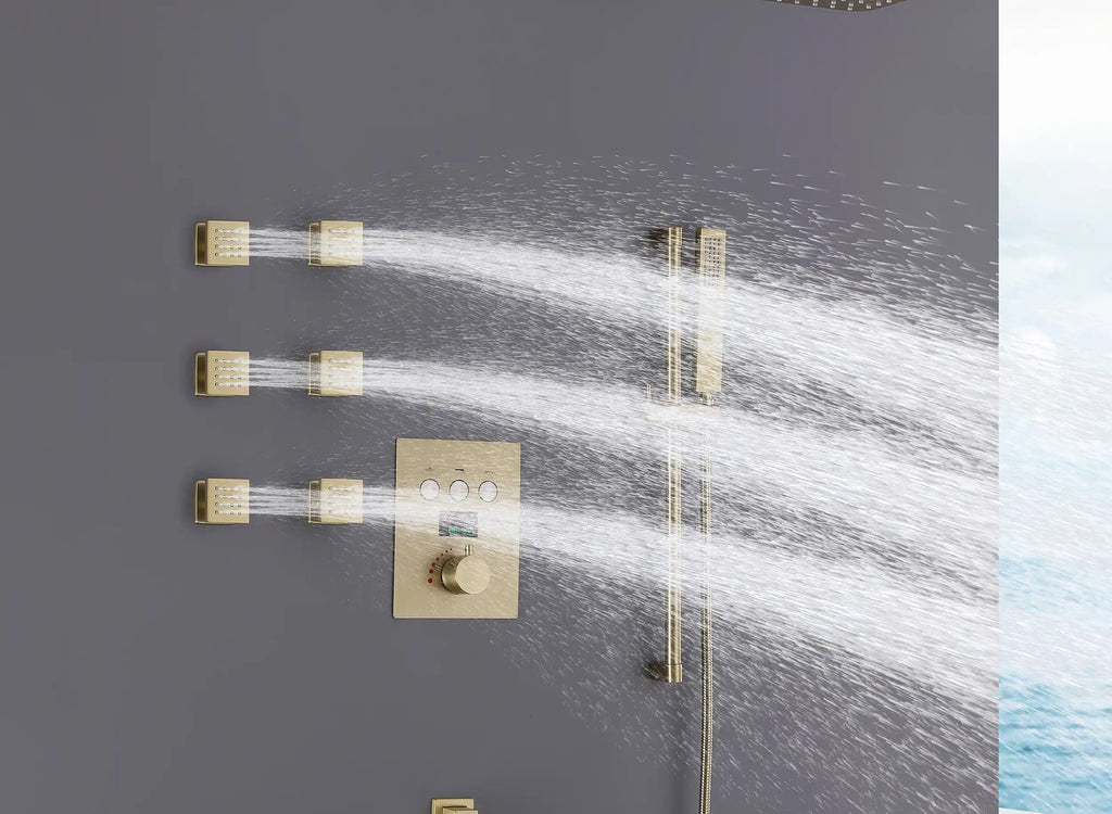 Ceiling-mounted brushed gold rainfall showerhead with wide, even water flow