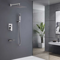 Brushed Nickel Rain Shower System with 10" Square Head installed in a modern bathroom.