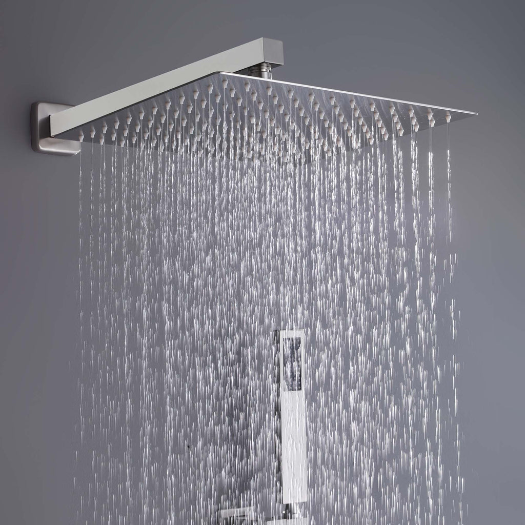 10-inch square rainfall shower head in brushed nickel releasing full-body water coverage