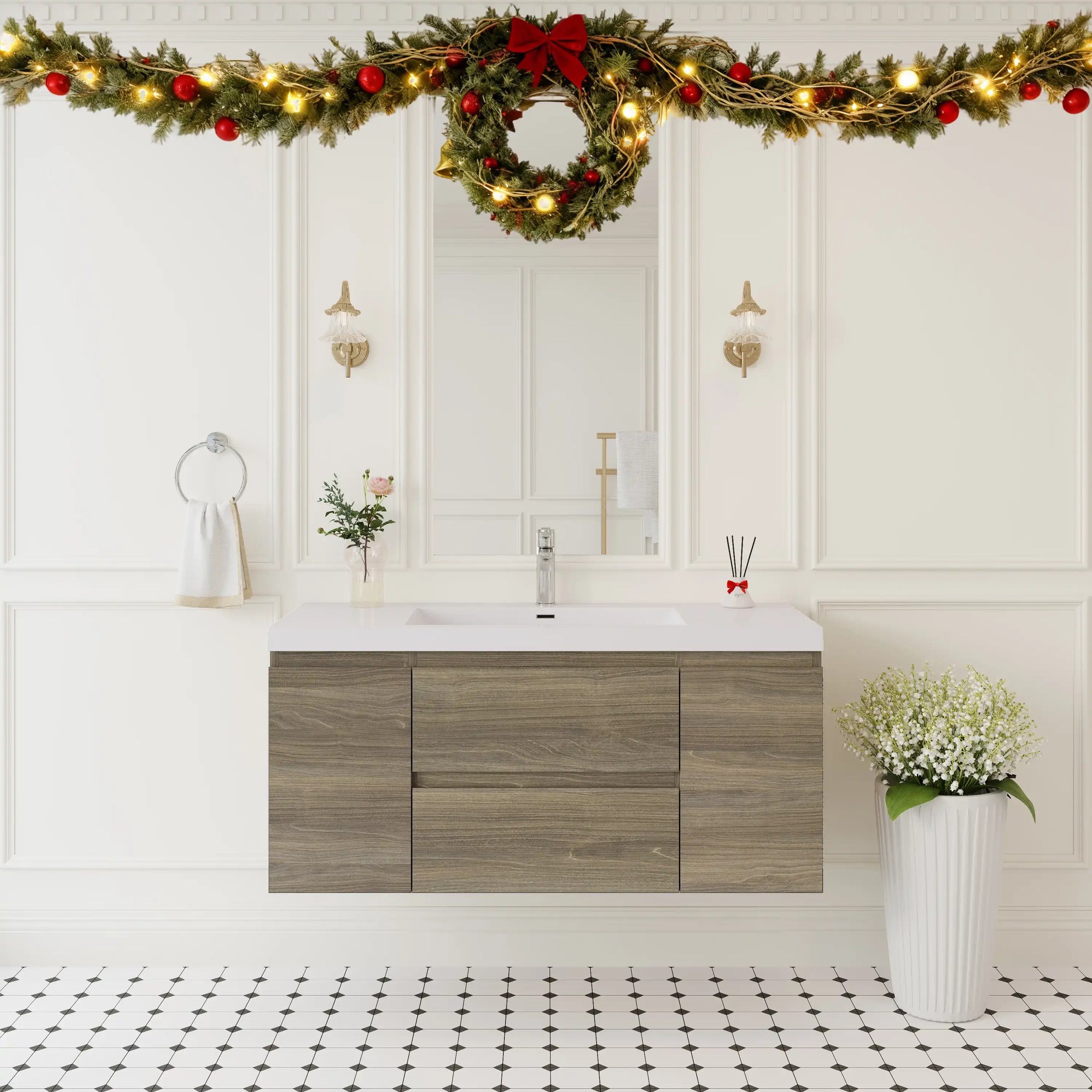 48 inch bathroom vanity styled in a modern bathroom setting, wall-mounted design with ash grey finish | Ace Decor