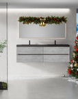 Grey floating vanity 72 x 19 with Christmas décor and tree in bathroom | Ace Decor