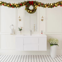 48 inch white floating bathroom vanity installed in a modern bathroom with clean wall-mounted look | Ace Decor