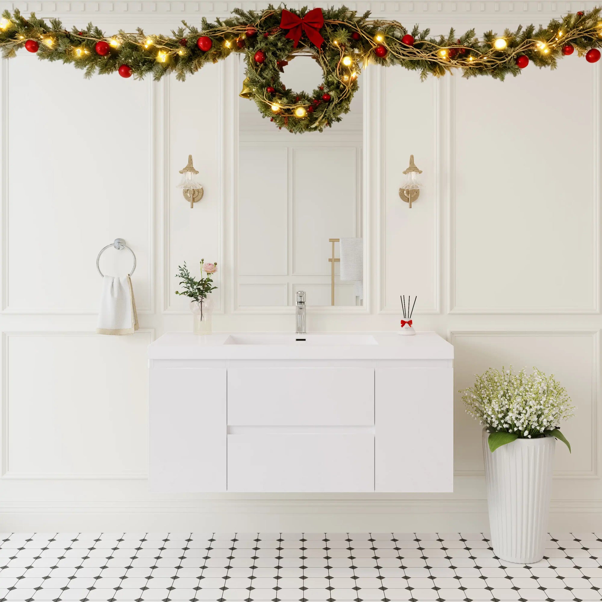 48 inch white floating bathroom vanity installed in a modern bathroom with clean wall-mounted look | Ace Decor