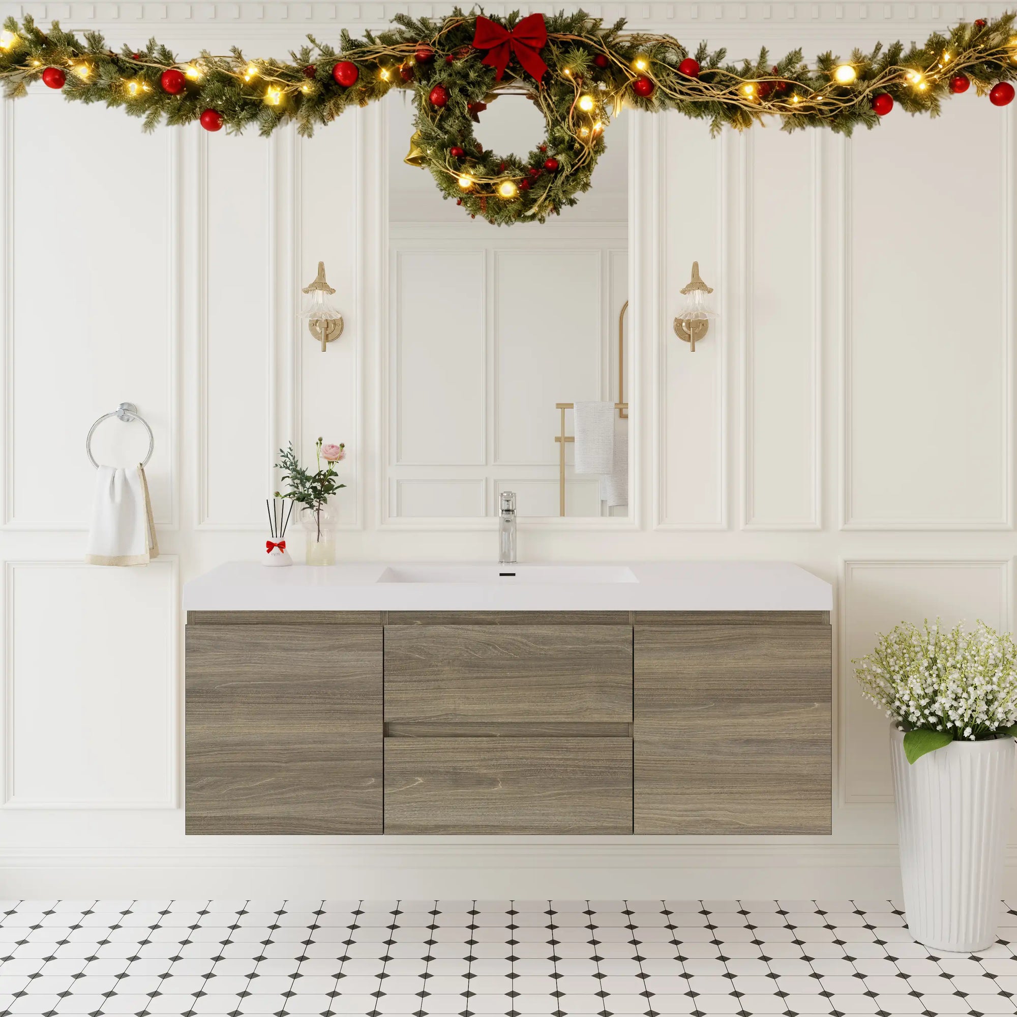 59 inch vanity single sink installed in modern bathroom setting, ash grey floating bathroom vanity | Ace Decor