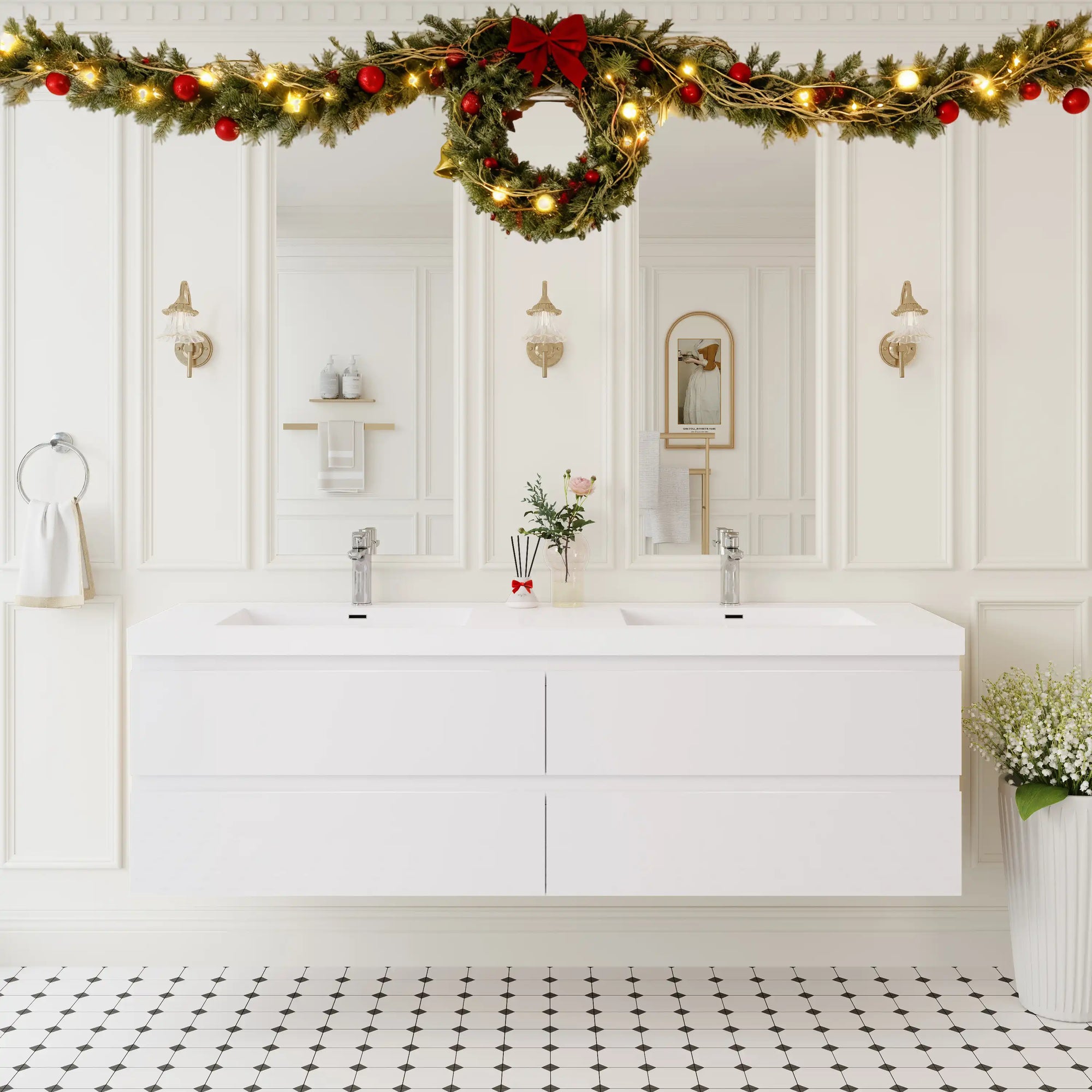 71 inch bathroom vanity in bright master bathroom setting | Ace Decor