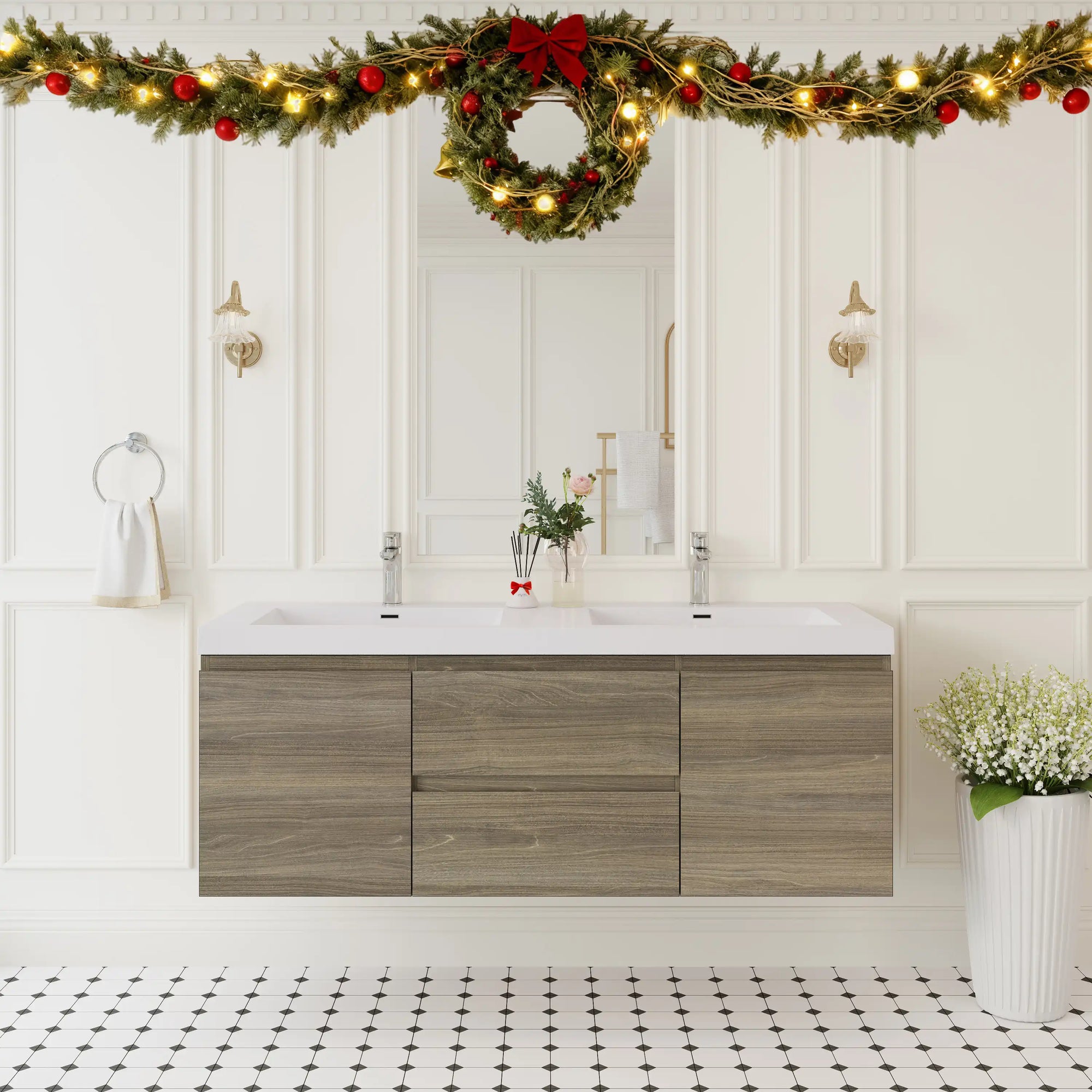 59 inch double sink vanity installed in a modern bathroom with ash grey floating cabinet design | Ace Decor