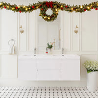 59 inch double sink vanity installed in a modern bathroom with clean white floating design | Ace Decor