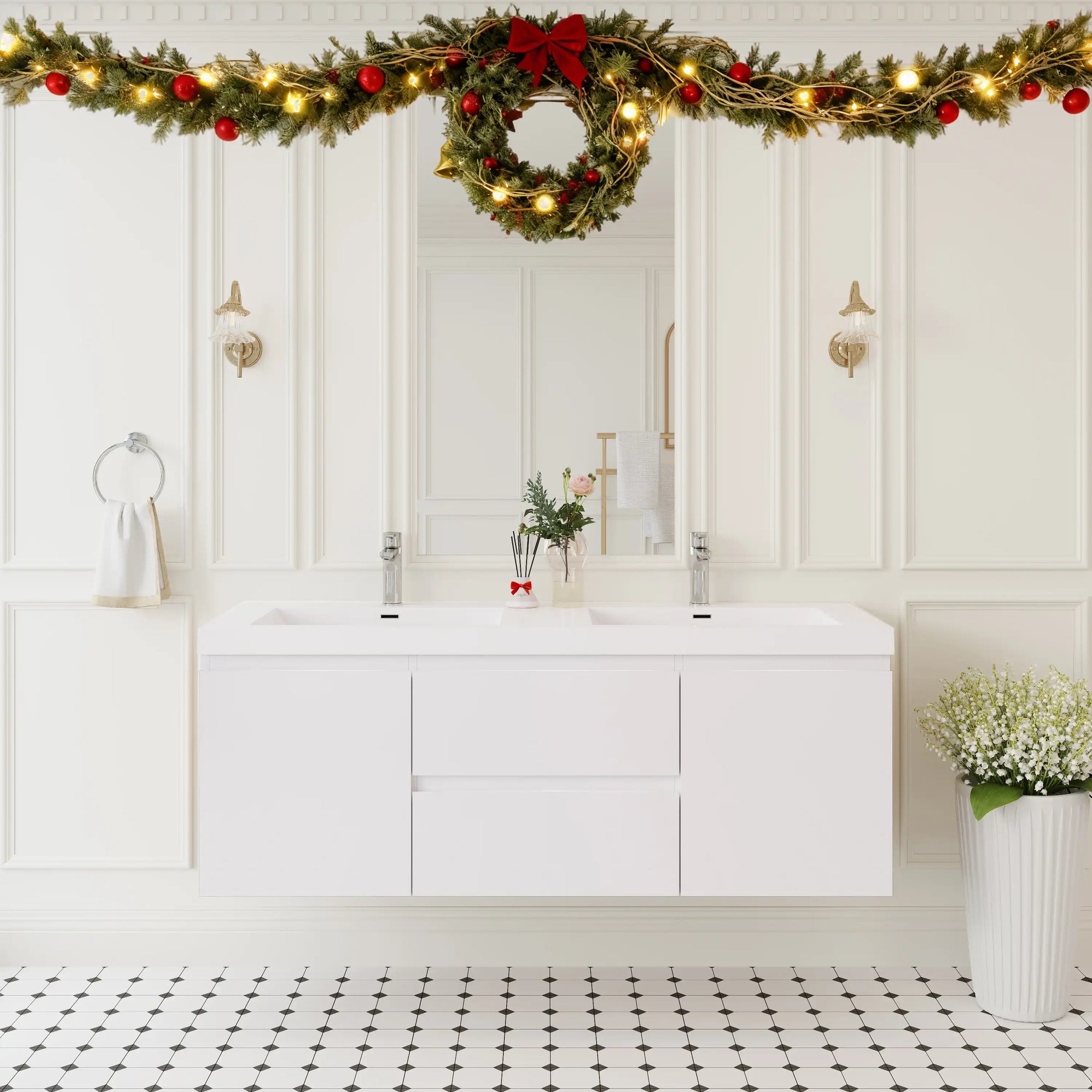 59 inch double sink vanity installed in a modern bathroom with clean white floating design | Ace Decor