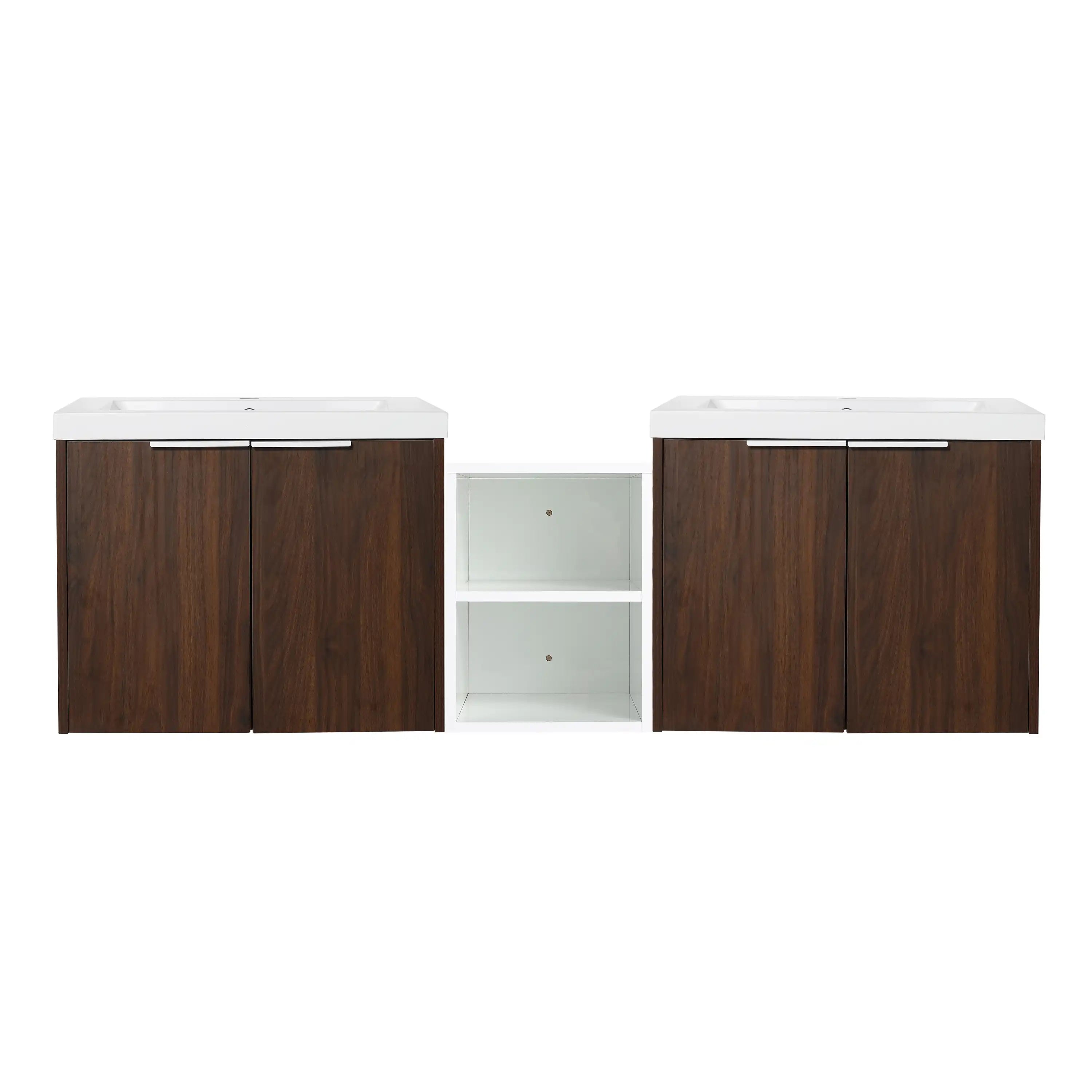 23”-82” California Walnut Wall-Mounted Floating Vanity with Integrated Sink - Customizable Combinations