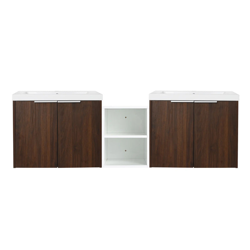 24”-84” California Walnut Wall-Mounted Floating Vanity with Integrated Sink - Customizable Combinations