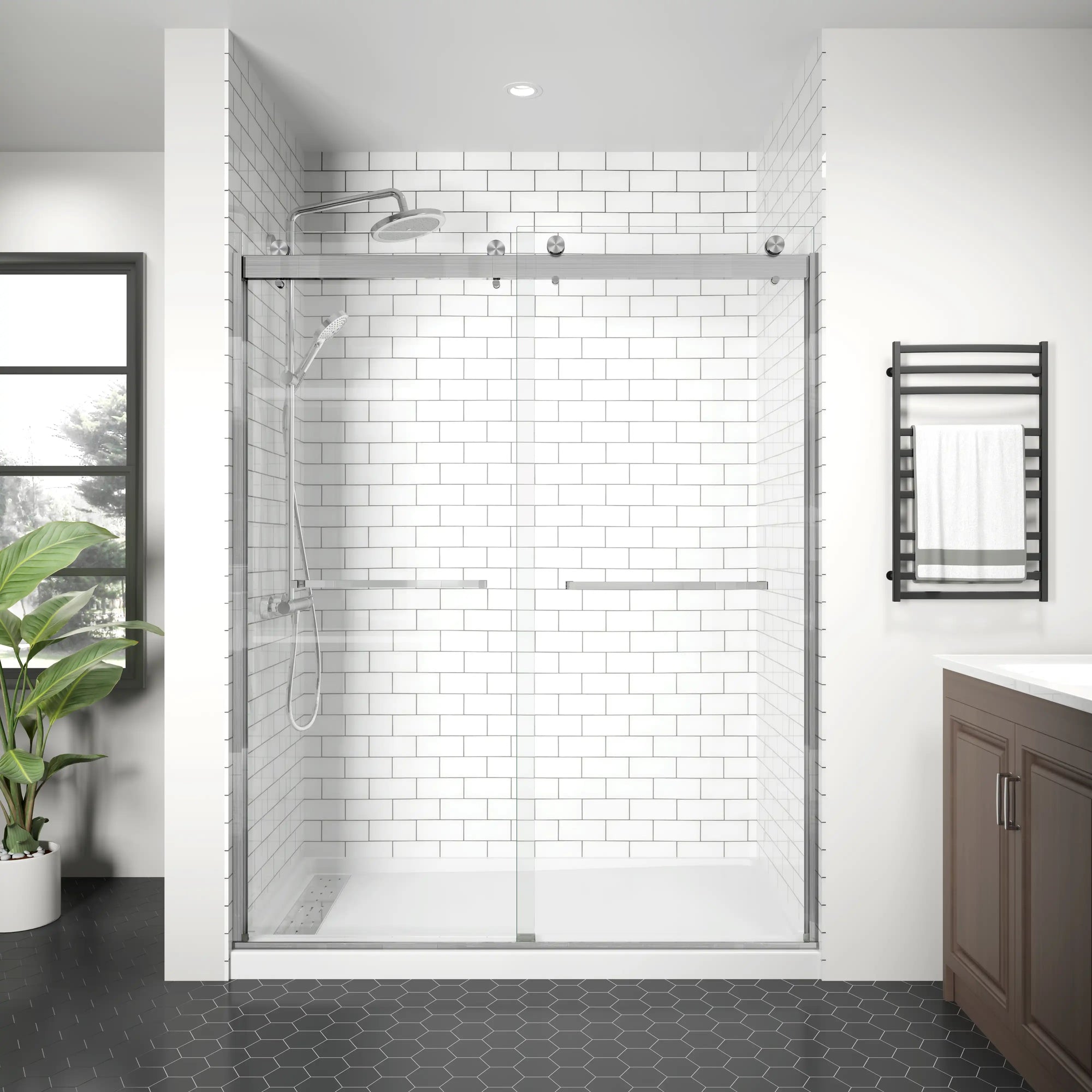 60&quot; x 74&quot; Sliding Semi-Frameless Glass Shower Doors in Brushed Nickel - 8mm Thick, Bypass Entry