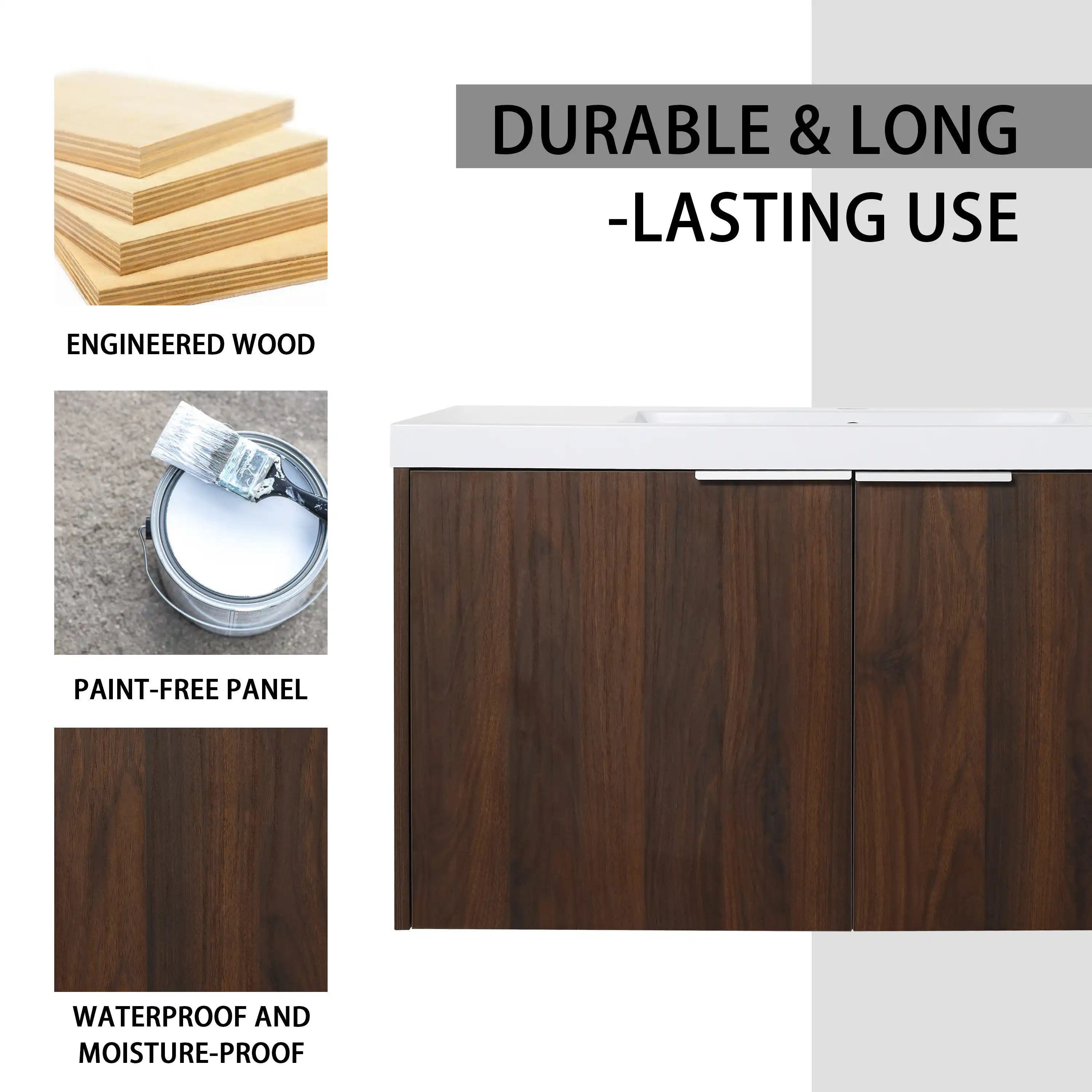 Durable and long-lasting engineered wood build of the 36 inch floating bathroom vanity.