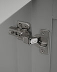 Soft close hinge detail on a gray bathroom vanity, ensuring smooth, quiet, and safe cabinet door operation | Ace Decor