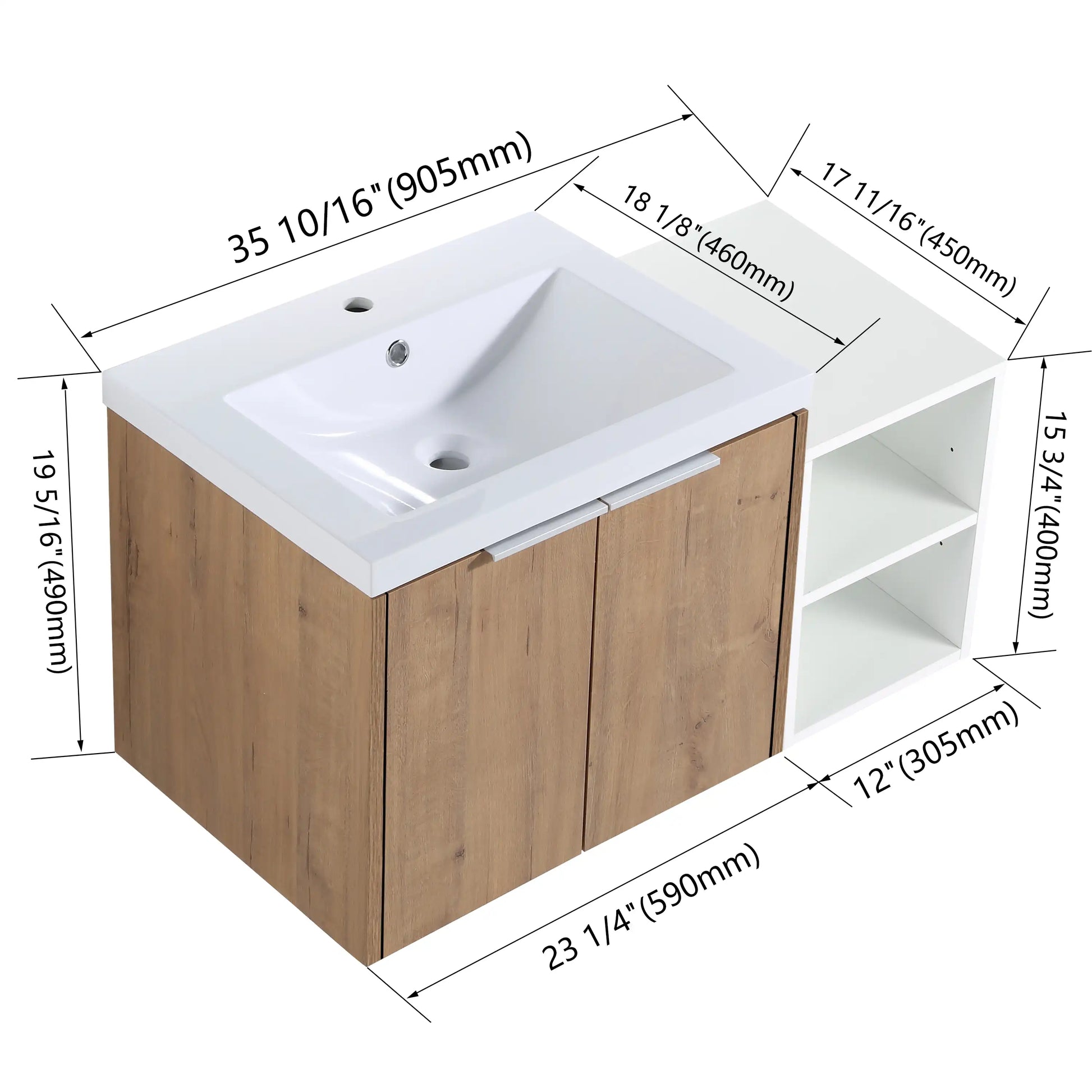 Floating Bathroom Cabinet with Sink & Soft-Close Doors - Ideal for Small Bathrooms color: Imitative Oak | size: 36 inch | combination: A Side Cabinet