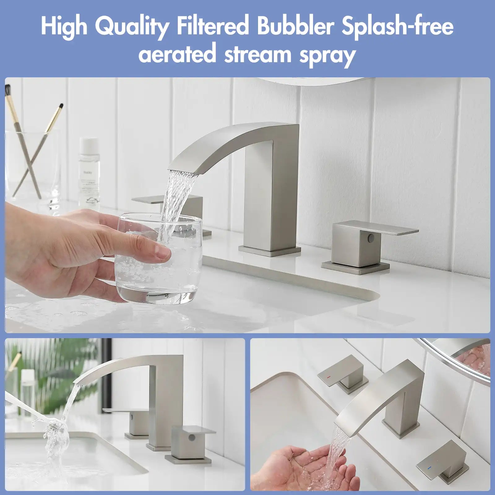 Summit Series 8 inch brushed nickel bathroom faucet with premium bubbler for splash-free aerated stream flow