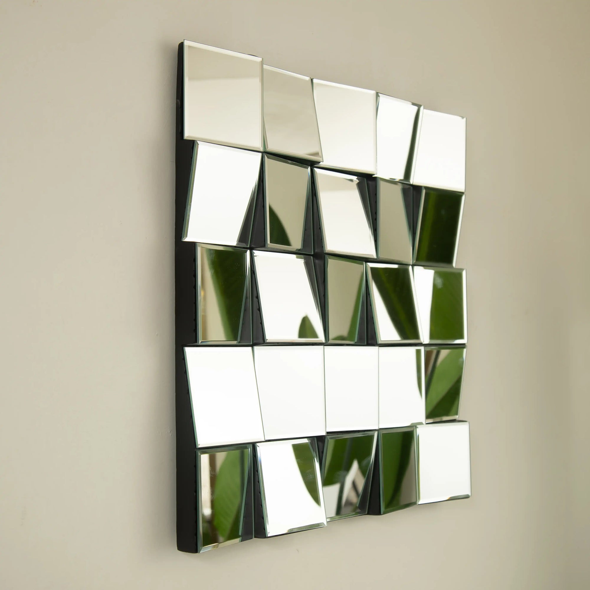 Angled view of 24-inch modern entryway mirror and bench wall mirror showing 3D faceted tiles | Ace Decor