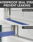 Bottom track and seal detail of chrome framed shower door on white shower base.