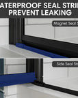 Bottom track and seal detail of matte black framed shower door on white shower base.