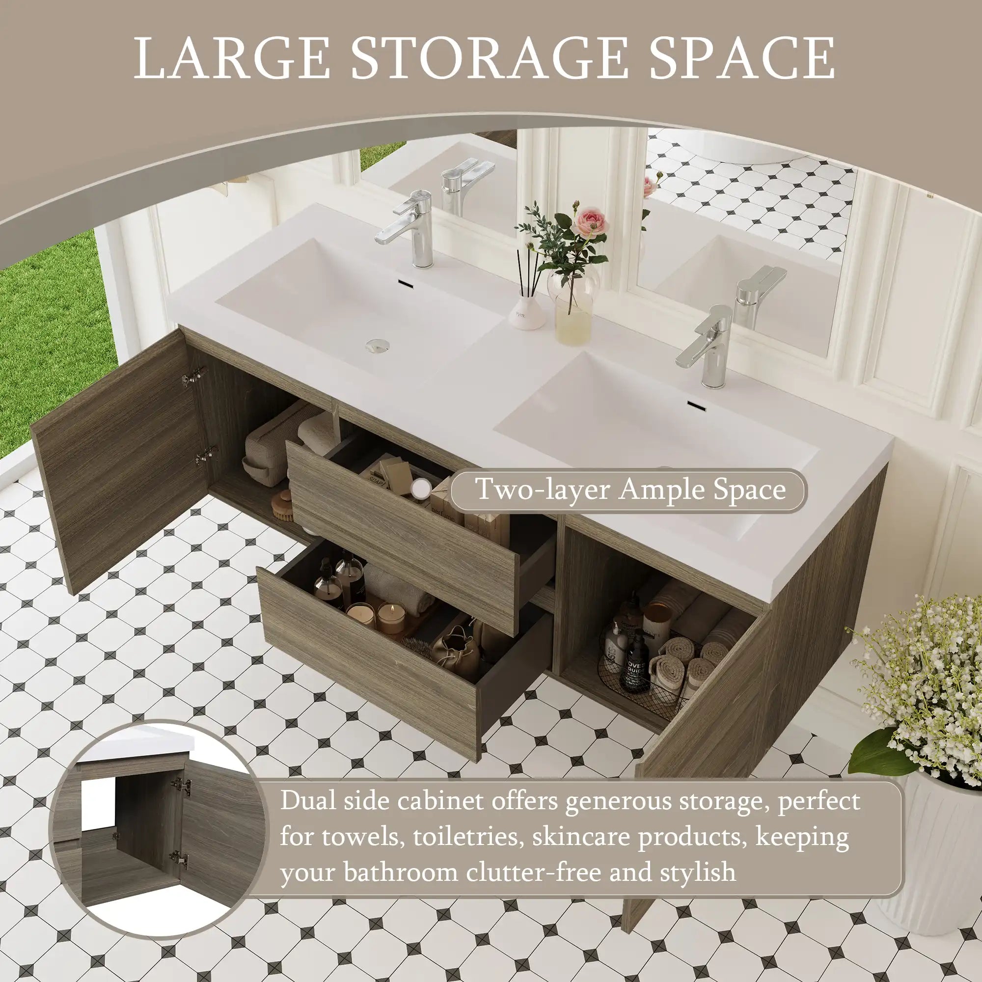 59 inch double sink vanity showing large storage capacity with drawers and side cabinets | Ace Decor