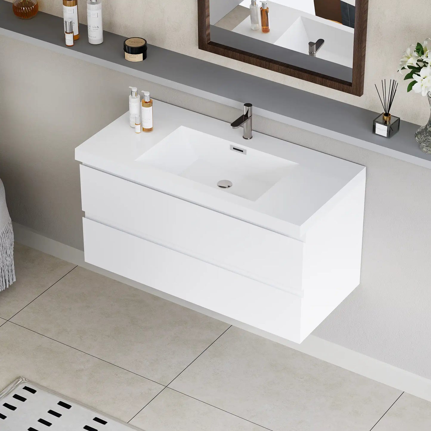 Floating Bathroom Vanity with Resin Top Basin & Soft Close Drawers - Modern Wall-Mounted Storage Cabinet color:White