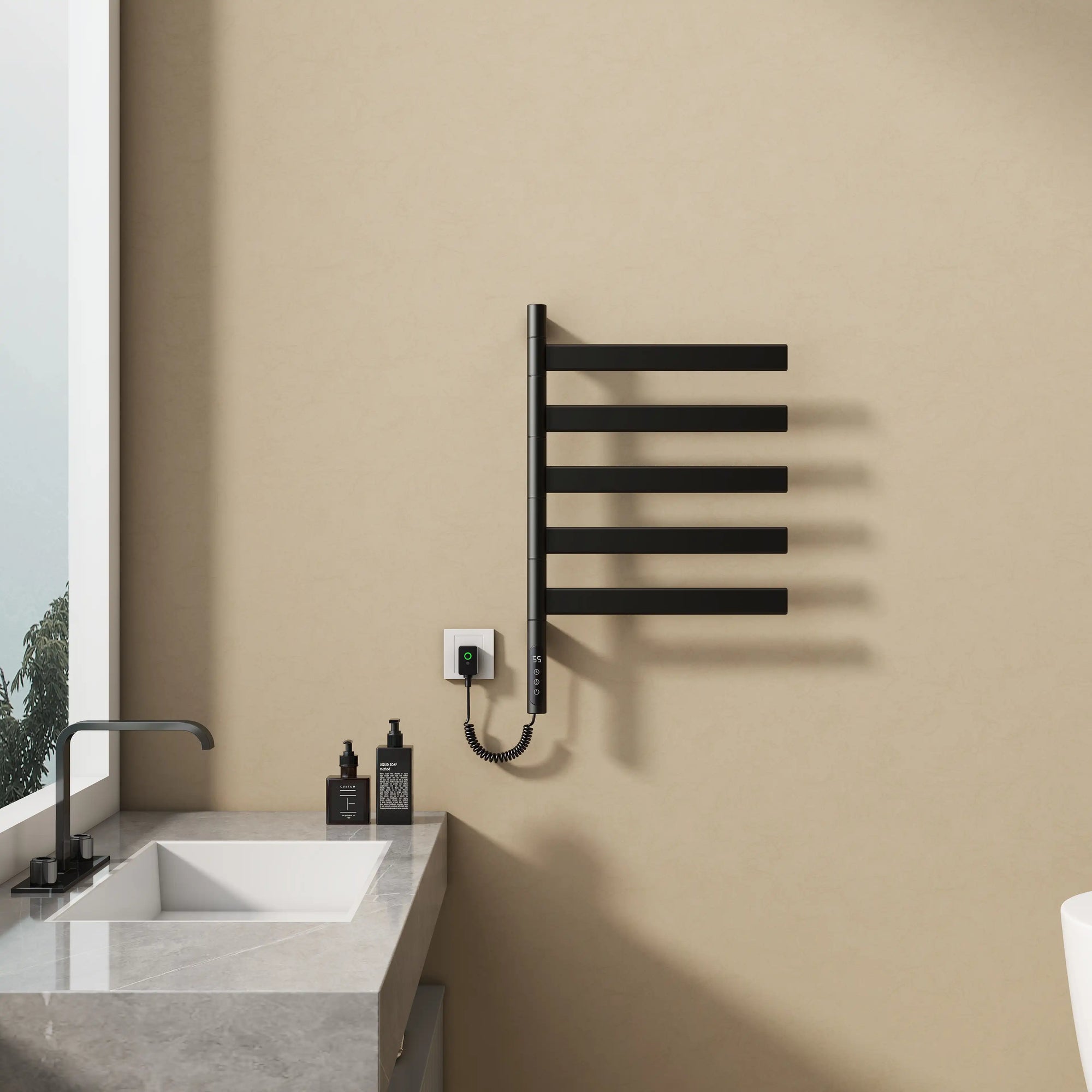 Velin Series 18 x 27 black electric towel warmer for bathroom wall-mounted near sink with minimalist modern design | Ace Decor