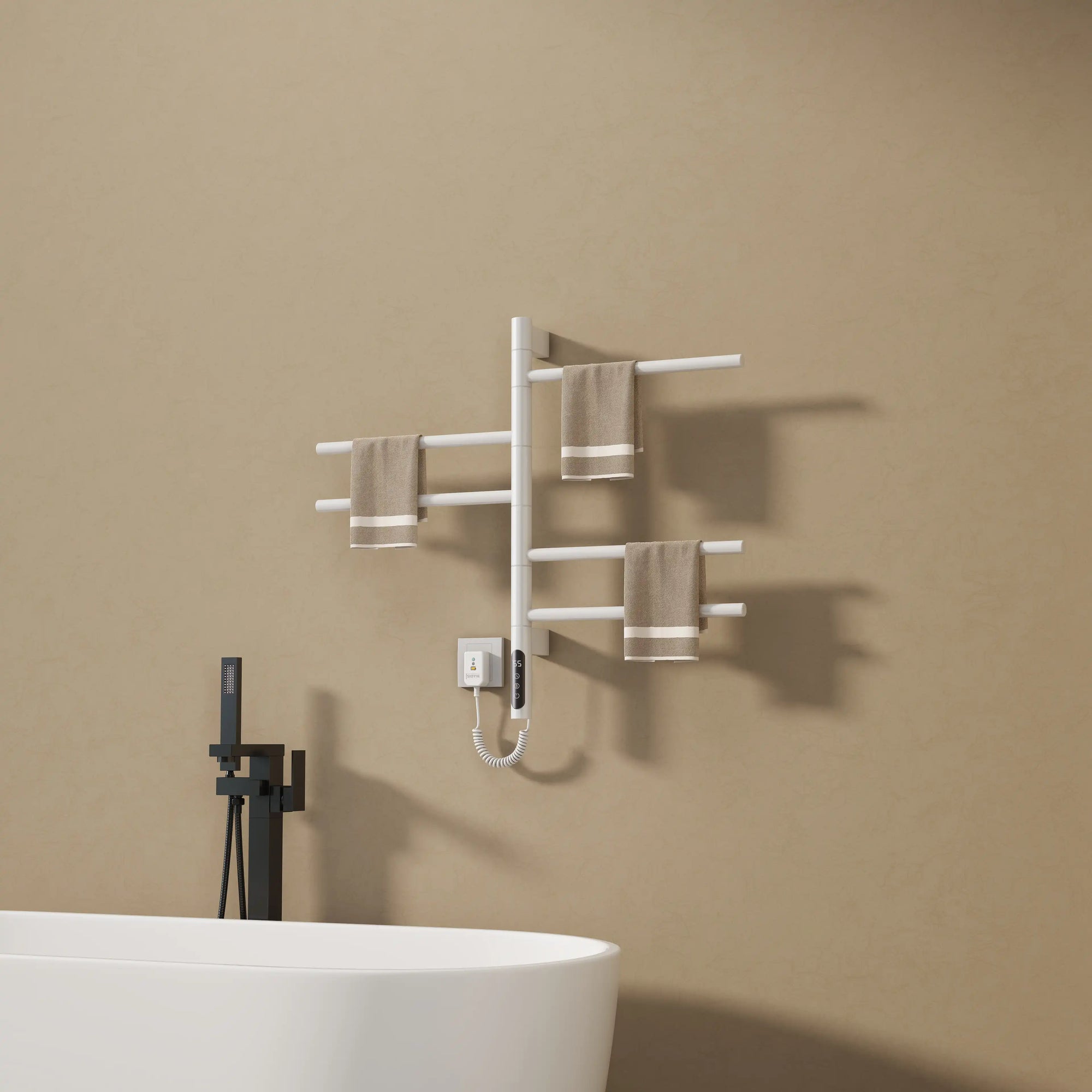 White Orven Series towel rack heater 16 x 27 installed beside bathtub showing space-saving design | Ace Decor