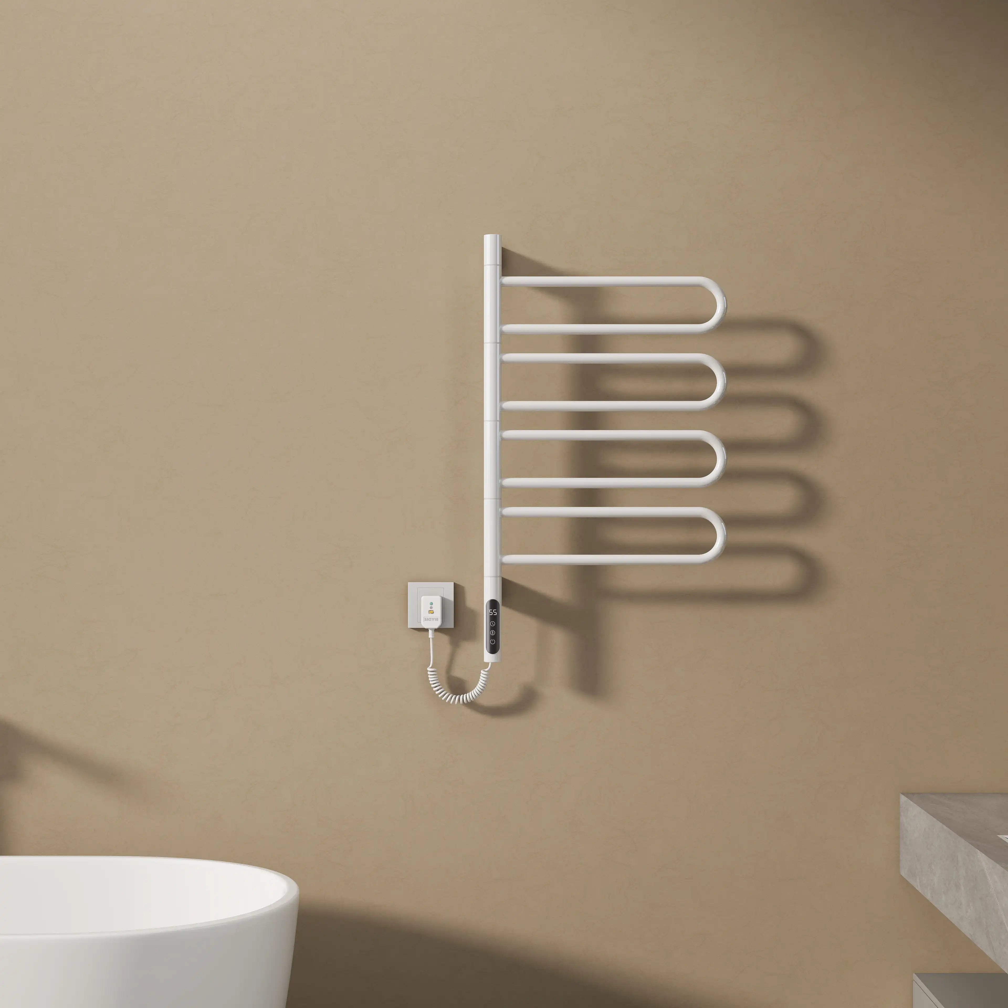 Front view of 17 x 31 electric towel bar warmer in glossy white finish, wall-mounted near bathtub | Ace Decor