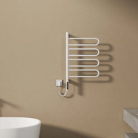 Front view of 17 x 31 electric towel bar warmer in glossy white finish, wall-mounted near bathtub | Ace Decor