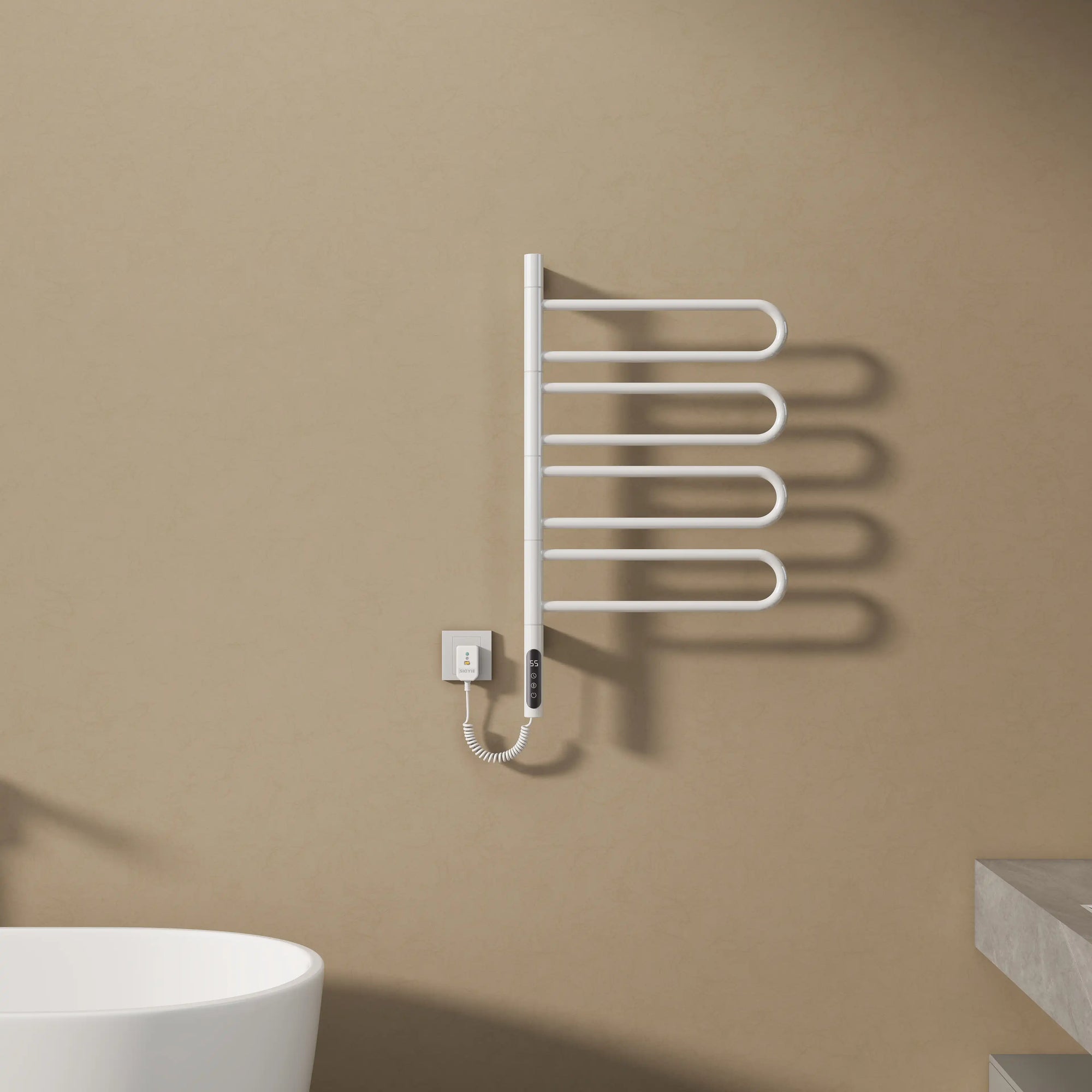 Front view of 17 x 31 electric towel bar warmer in glossy white finish, wall-mounted near bathtub | Ace Decor