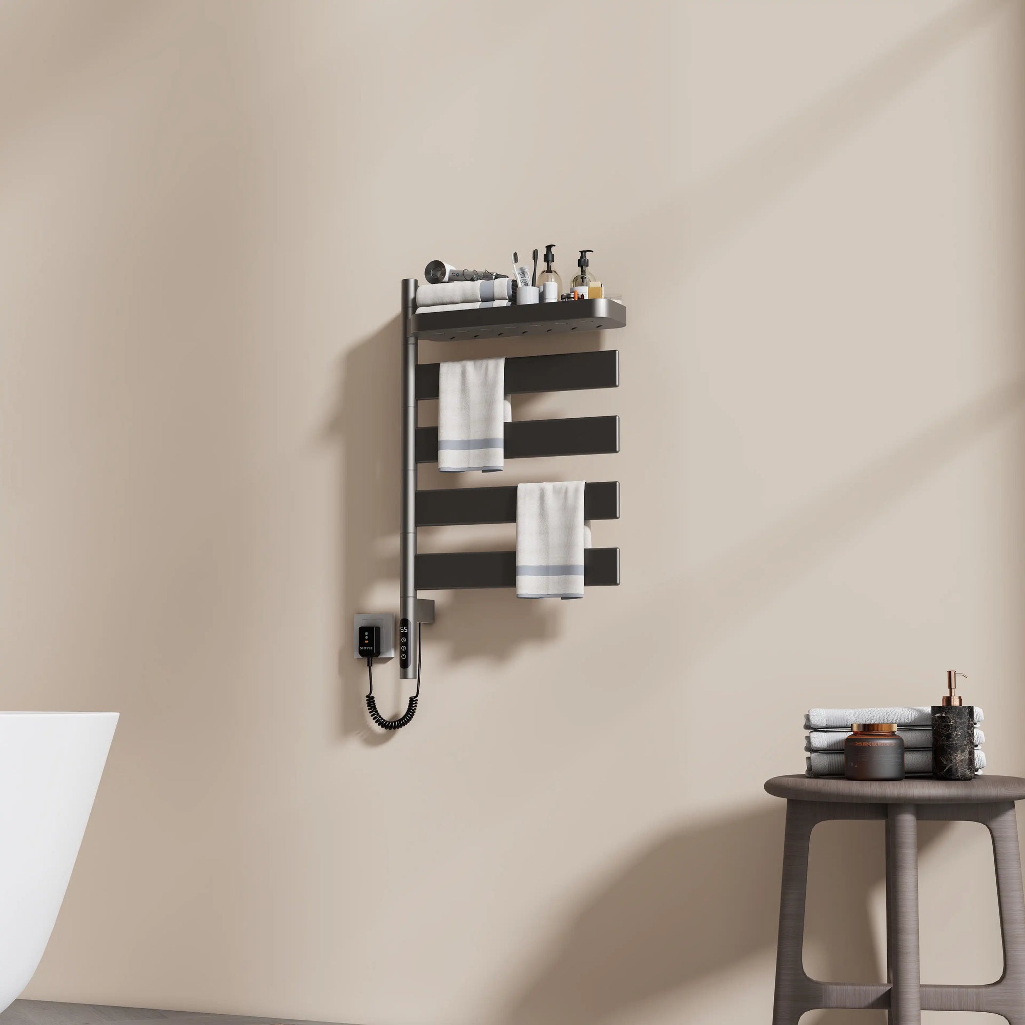 modern gray bathroom heated towel rack 18 x 30 with organized towels and accessories | Ace Decor