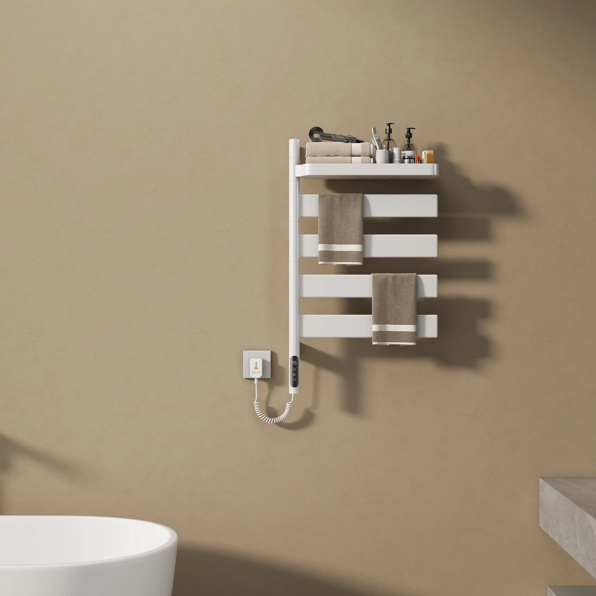 electric towel warmer with folded towels and top tray 18 x 30 | Ace Decor