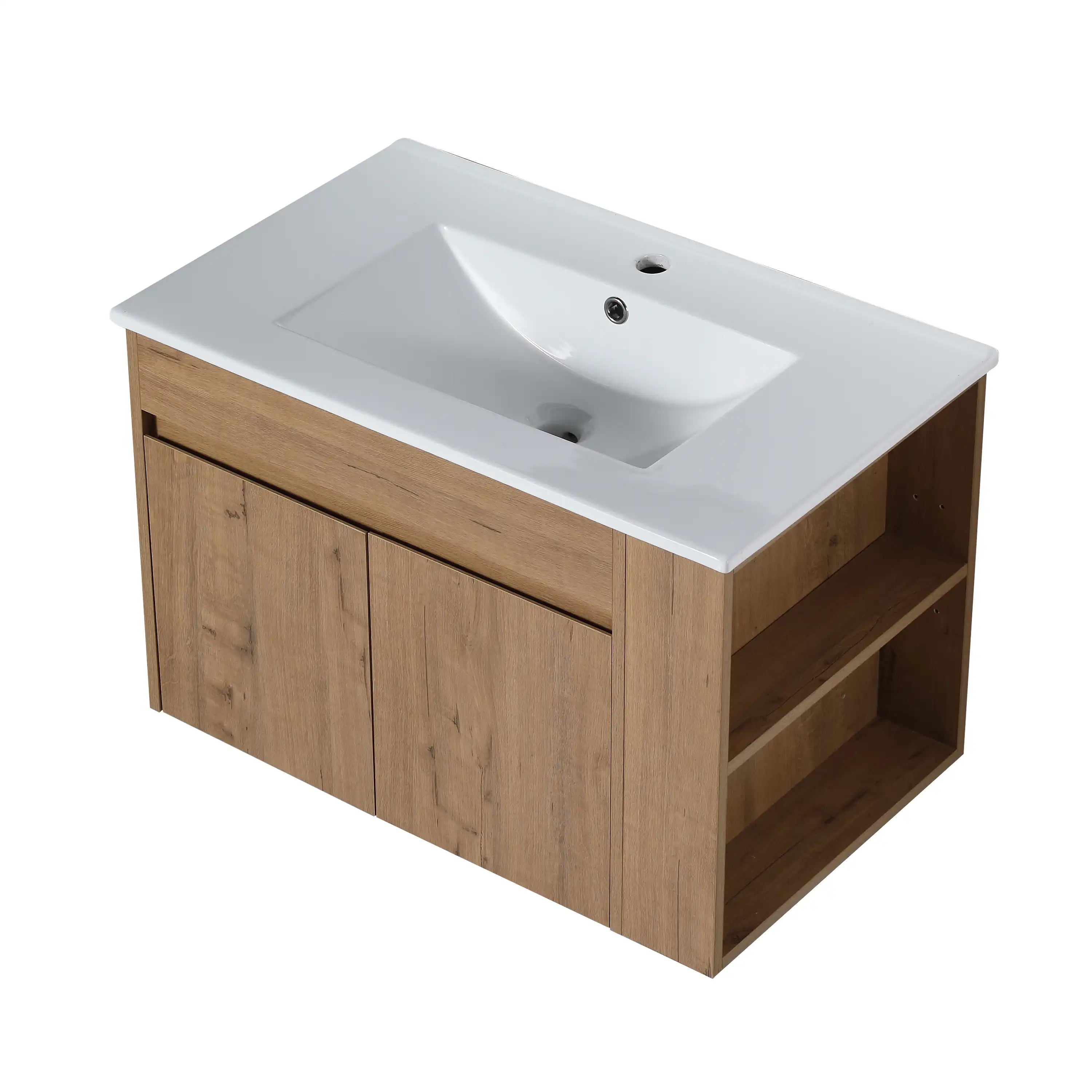 Aspen Ridge Series 30 inch wall mounted vanity with white ceramic integrated sink top.
