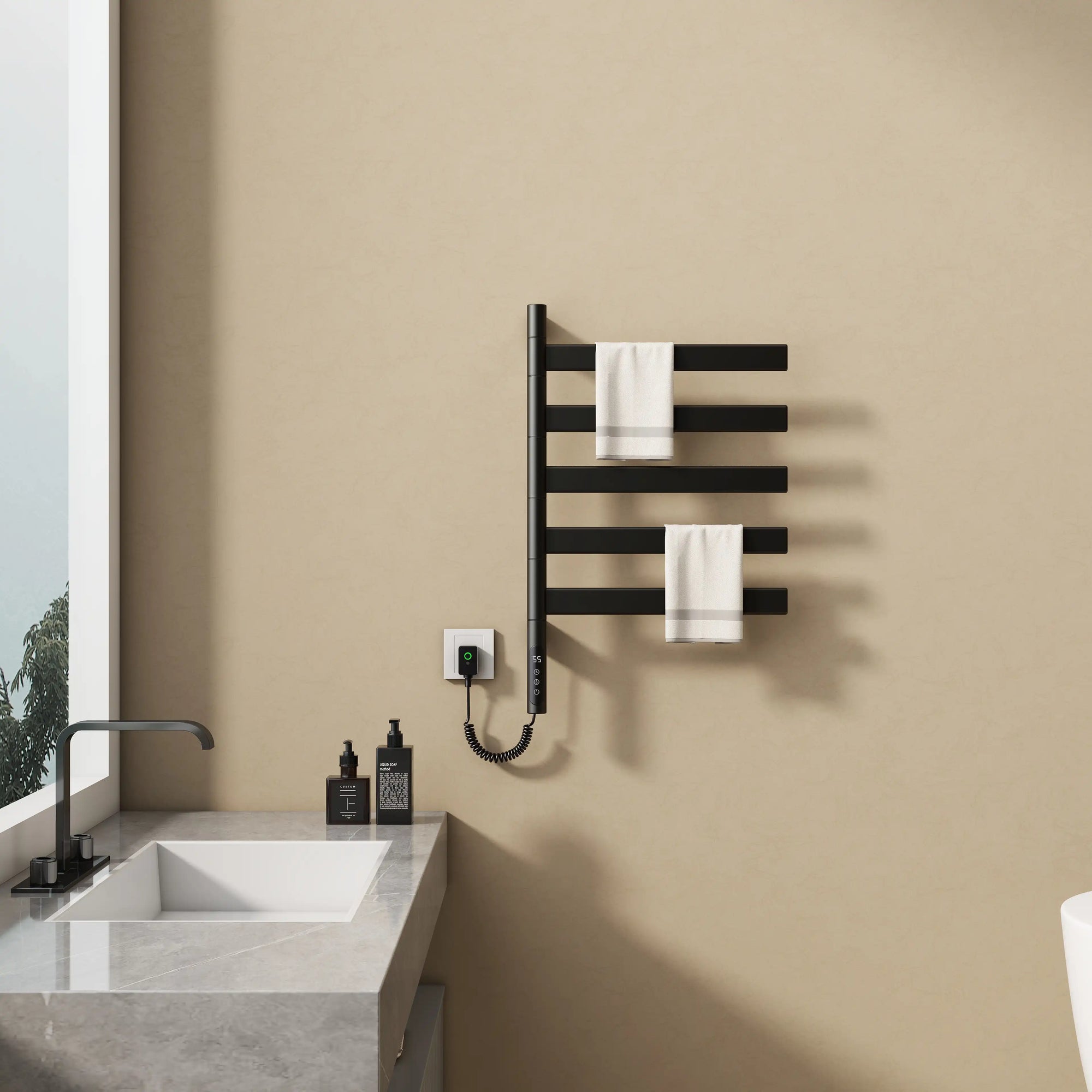 Velin Series black electric towel warmer for bathroom showing multiple towels hanging on rotating bars | Ace Decor