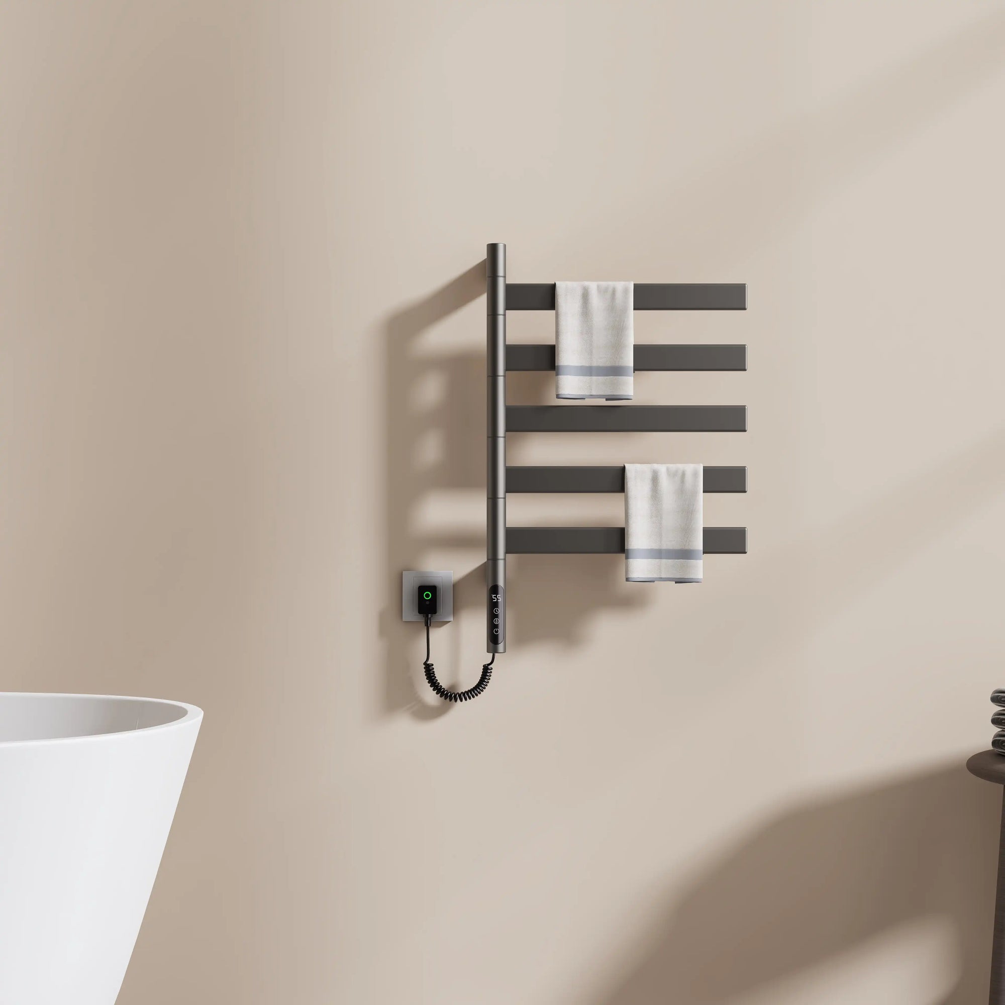Velin Series 18 x 27 gray electric towel warmer for bathroom with hanging towels on wall-mounted rack | Ace Decor