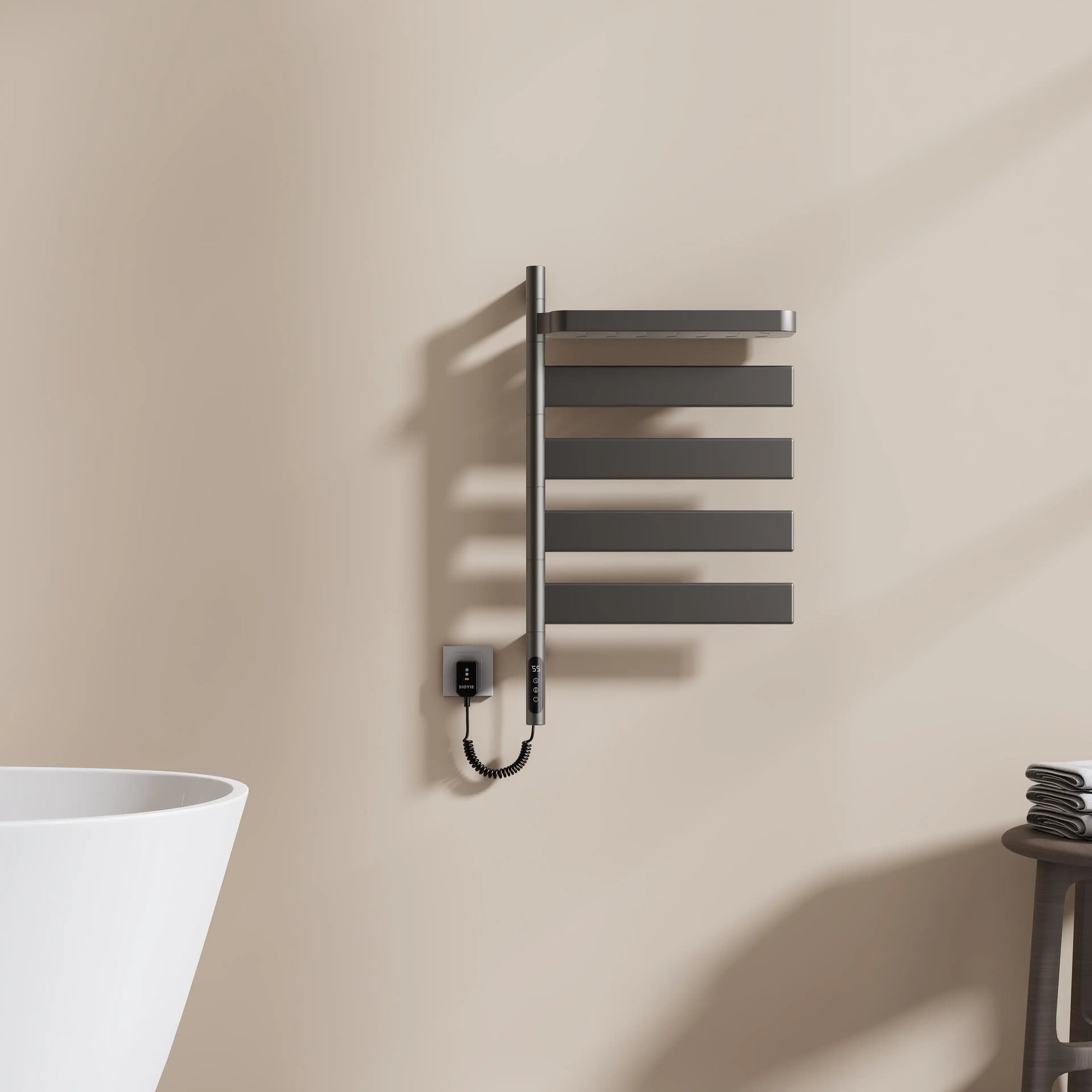 sleek gray heated towel rack 18 x 30 with five bars and minimalist design | Ace Decor