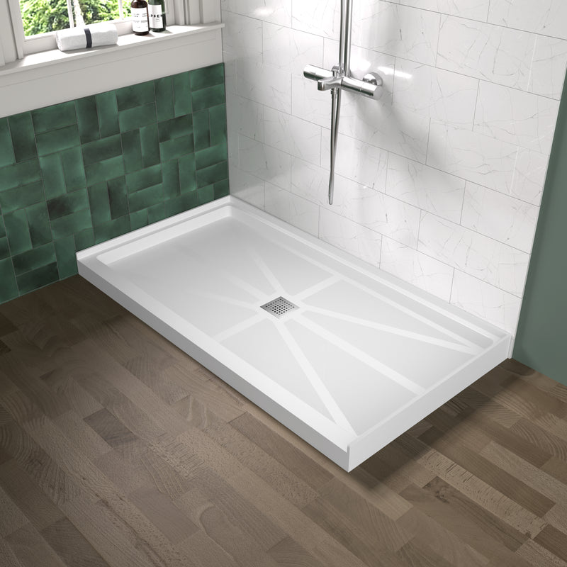 Alcova Series 60" x 32" Non-Slip White One Piece Shower Base - Center Drain, Ready for Tile & Easy Fit